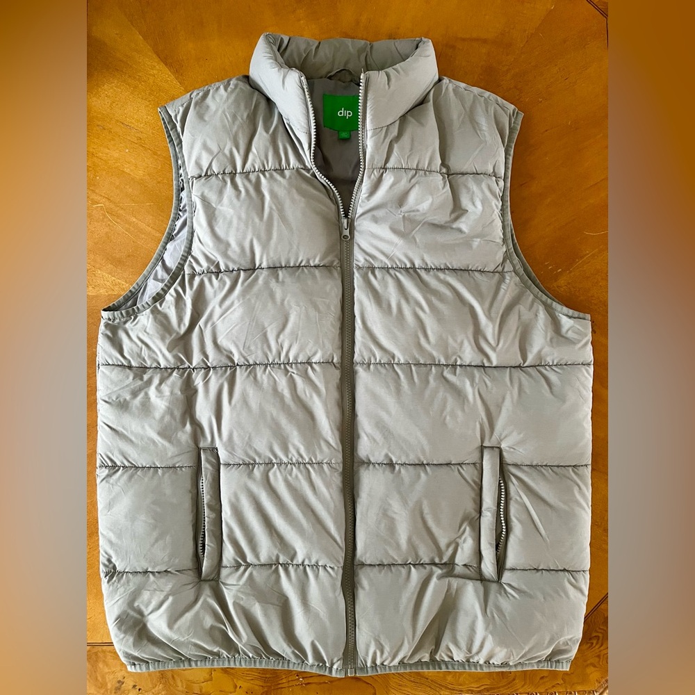Dip Gray Polyester Puffer Vest Mens Full Zip Up With Pockets Size XLT Tall Long